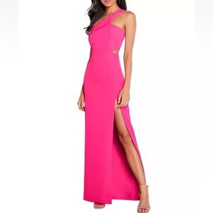 Aidan Mattox One Shoulder Crepe Cutout Gown Slit In Pinkflame Hot Pink Size 14